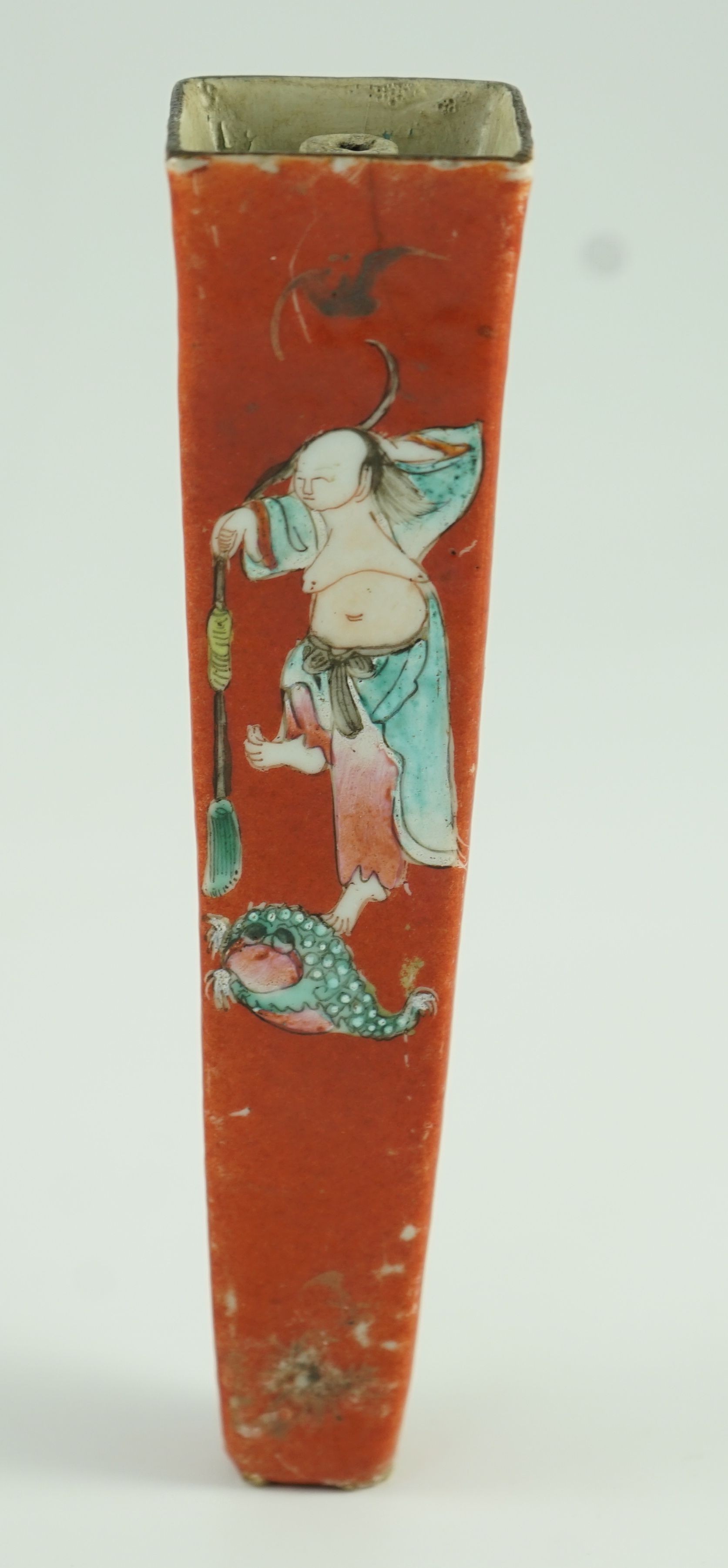 A Chinese coral ground incense stick holder, Jiaqing period 17.5cm high